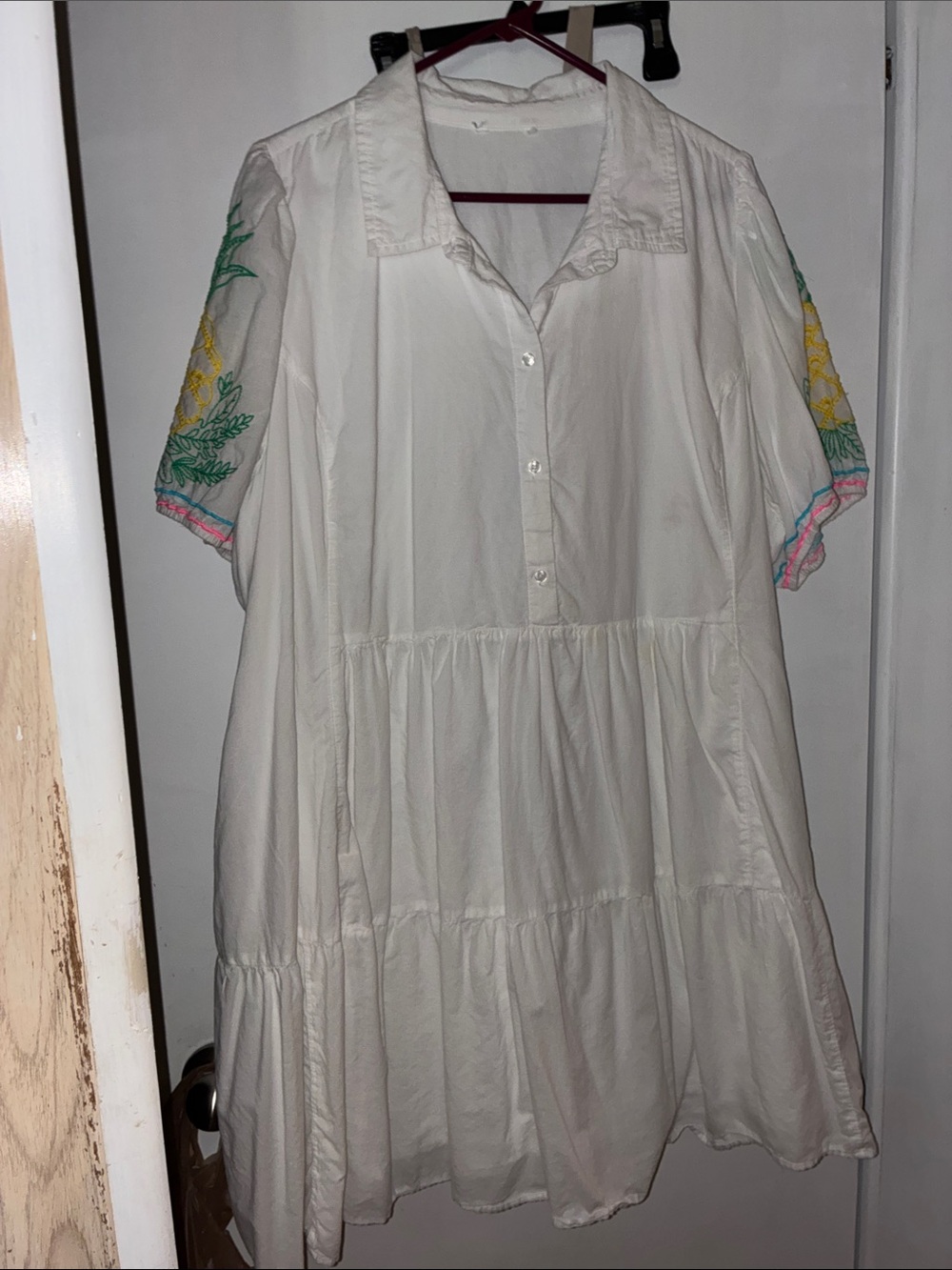 White Tiered Button-Front Dress with Embroidered Sleeves pockets